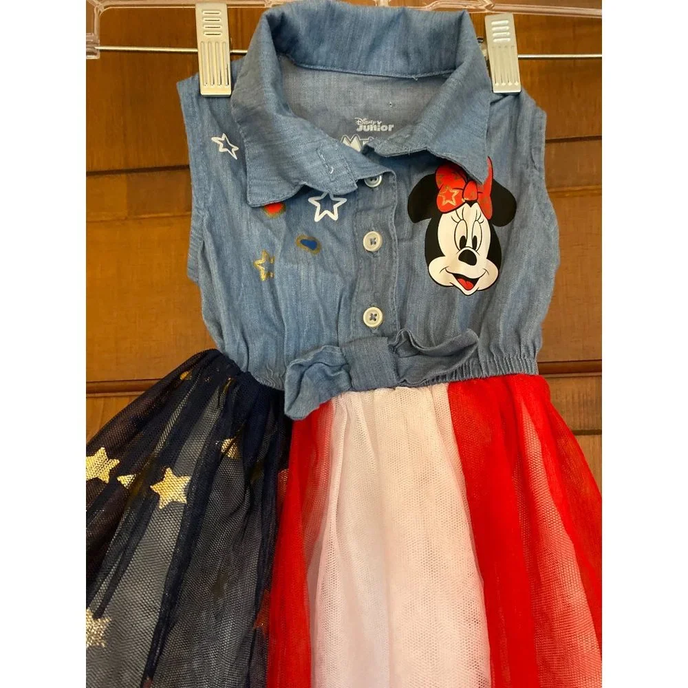 Disney Junior Dress Kids Size‎ 12M Blue Minnie Mouse Stars Stripes Flag 4th July